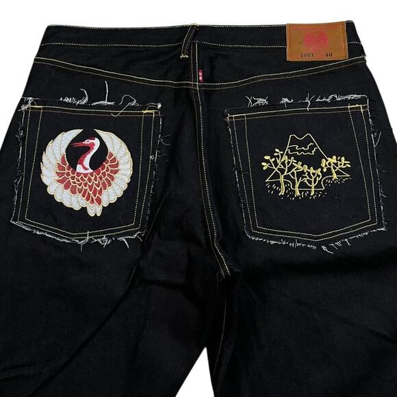 RMC Red Monkey  Selvedge Crane & Mt. Fuji Embroidered Y2K Baggy Wide Leg Jeans - Picture 3 of 5